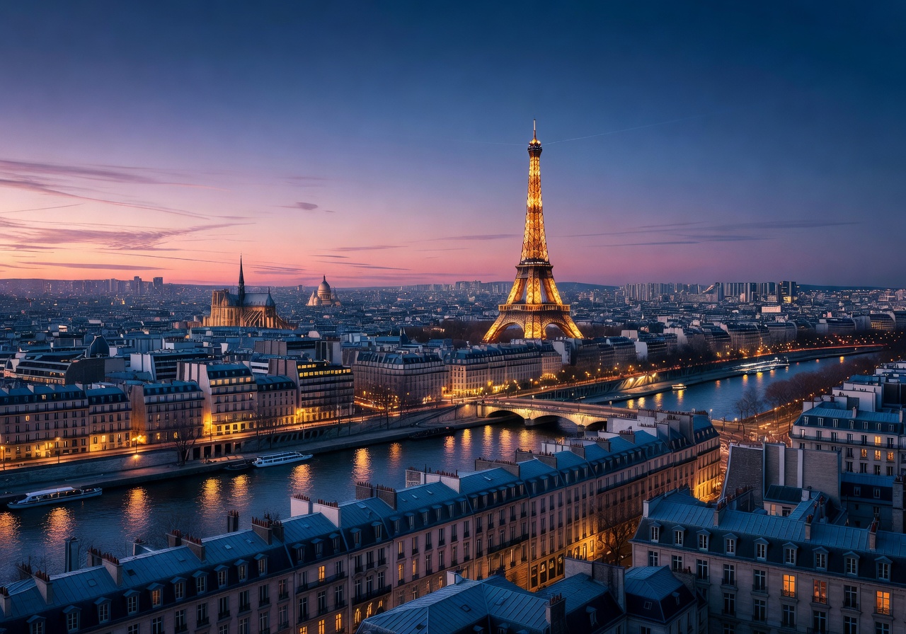 Paris skyline at dusk